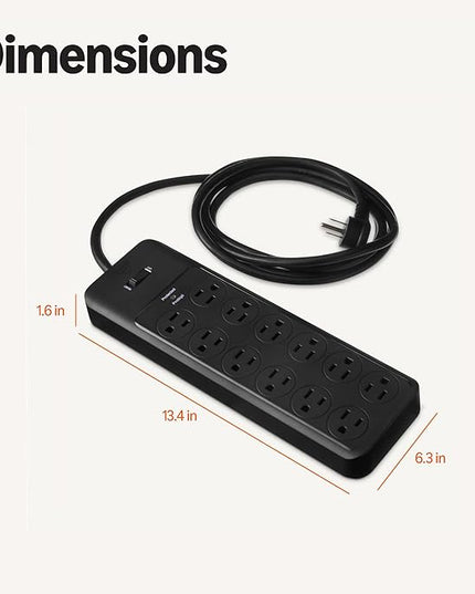 Amazon Basics 12-Outlet Surge Protector Power Strip, 4000 Joules, 8ft Extension Cord, Rectangle, for Home, Office, Gaming Room, Black