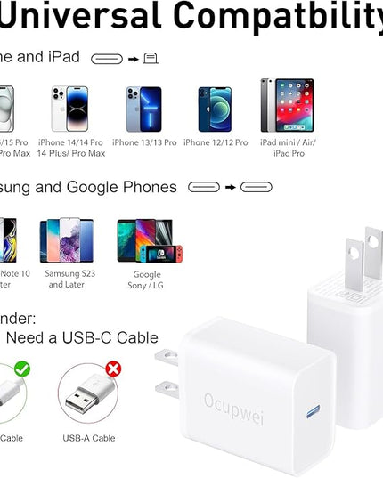 USB C Charger Block 20W, Ocupwei PD 3.0 Fast Charging Wall Charger USBC Power Adapter Type C Brick Cube for iPhone 17/Pro/Pro Max/17 Air/ 16/16 Pro/16 Pro Max/15/Plus/Pro/Pro Max [2 Pack]