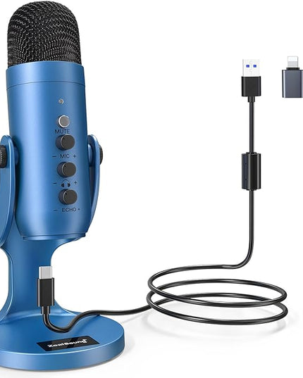 ZealSound Podcast Microphone for PC, Noise Cancellation USB Mic with Gain, Volume Adjustment & Mute Button, Monitoring & Echo, for YouTube, TikTok, Podcasting, Streaming, iPhone, iPad, Android(Blue)