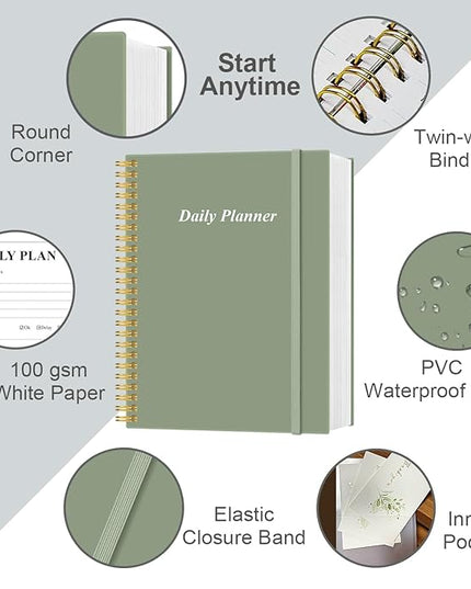 Daily Planner Undated - A4 To Do List Notebook Hourly Schedules, Spiral Appointment Planner for Women and Men,PVC Hardcover, Inner Pocket, Elastic Closure, 8.5" x 11", Green