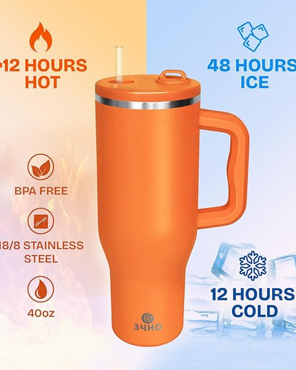 34HD 40 oz Stainless Steel Tumbler - Leakproof Insulated Water Bottle with Handle, Magnetic Lid and Flexible Straw - Iced for 48 Hours – Perfect for Men, Women, Birthday Gift, Orange - Tangerine Glow