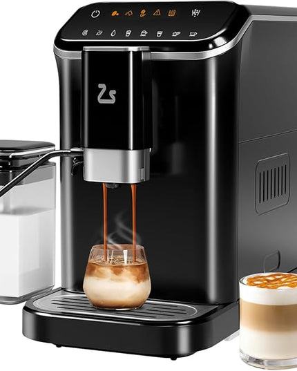 IDEALHOUSE Fully Automatic Espresso Machine with Built-In Grinder and Milk Frother, Touchscreen Control, 20 Bar Pressure, 1.5L Detachable Water Tank, One-Touch Latte & Cappuccino Maker, Black