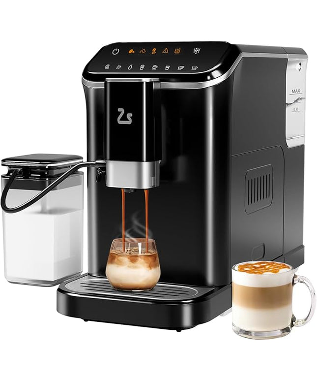 IDEALHOUSE Fully Automatic Espresso Machine with Built-In Grinder and Milk Frother, Touchscreen Control, 20 Bar Pressure, 1.5L Detachable Water Tank, One-Touch Latte & Cappuccino Maker, Black