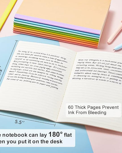 feela 16 Pack Composition Notebook Bulk, Kraft Cover Lined Blank College Ruled Travel Journals with Pastel Color Spine For Women Students Office, 60 Pages, 8.3”x 5.5”, A5, 8 Pastel Colors