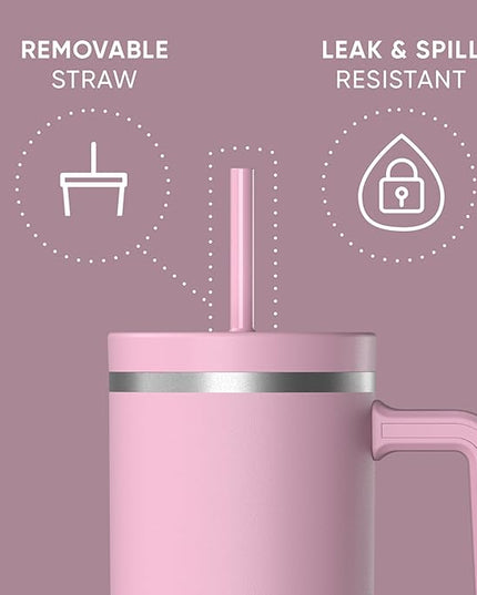 Hydrapeak Voyager 40 Oz Stainless Steel Tumbler with Handle, Insulated Water Bottle With Straw & Lid, Cupholder Friendly Reusable Travel Mug (Cotton Pink)