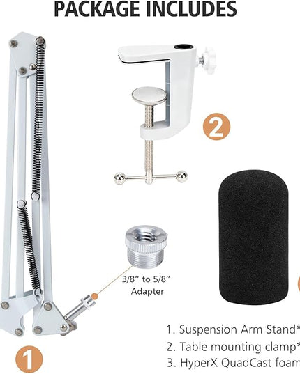 For HyperX QuadCast S White Boom Arm - White Mic Arm Compatible with Hyper x QuadCast, Microphone Boom Arm with Pop Filter, Improve Sound Quality, Mic Boom Arm for Hyperx QuadCast by SUNMON