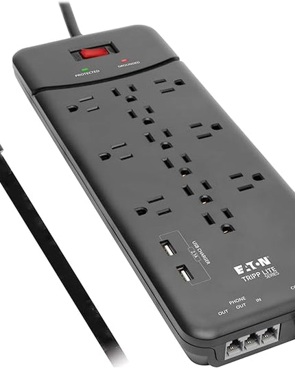 Eaton Tripp Lite TLP128TTUSBB Surge Protector Power Strip, 2 USB Charging Ports, 12 Outlets, Flat Plug 8ft Extension Cord, 4320 Joules | Coax and RJ11 Port for Home Phone, TV, & WiFi Router Protection