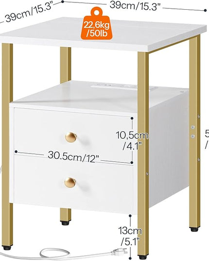 HOOBRO End Table with Charging Station, Bedside Table with 2 Drawer & USB Port & Type-C Port, Nightstand for Small Spaces, Stable and Sturdy, for Living Room, White and Gold DW43UBZ01
