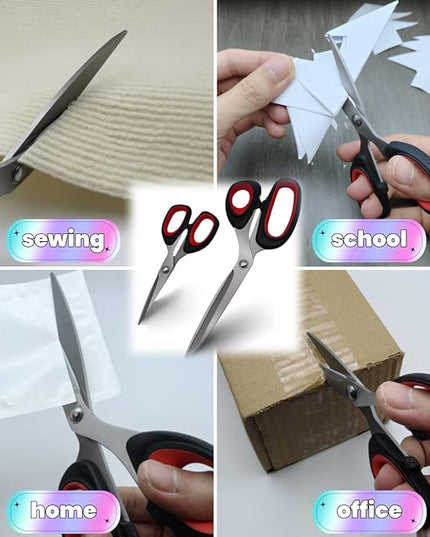 Scissors, 2-pack multi-functional set - stainless steel with comfortable grip. Suitable for handicraft, office cutting, cutting fabric, leather & paper. Ideal for left & right-handed users