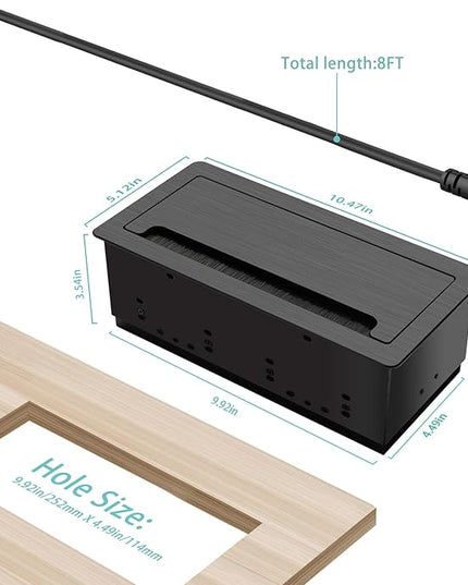 Conference Table Power Hub; Outlet Multimedia Connectivity Box with 3 AC outlets; USB-A+USB-C 18W 8FT 16AWG UL Listed Flat Plug Used for Office Conference Tables-High end Aluminum Alloy