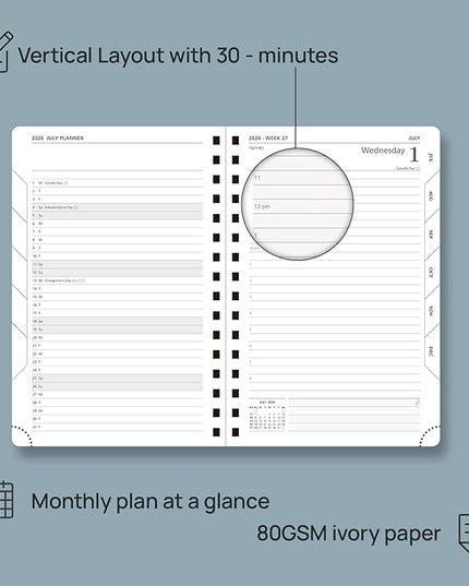 POPRUN 2026 Daily Planner One Page A Day - [8.5" x 5.75" Wire-Bound Hard Cover] Agenda 2026 Hourly Appointment Book with Monthly Calendar, Inner Pocket, Ivory Paper - Midnight Green