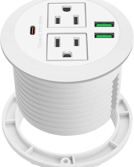 3-inch Desktop Power Grommet,Max 65W USB C Charger,2 Outlets and 3 USB, High-Speed Charging Station, Flush Mount Desk Hole Round Power Outlet, Recessed Power Strip,6ft Cord Flat Plug