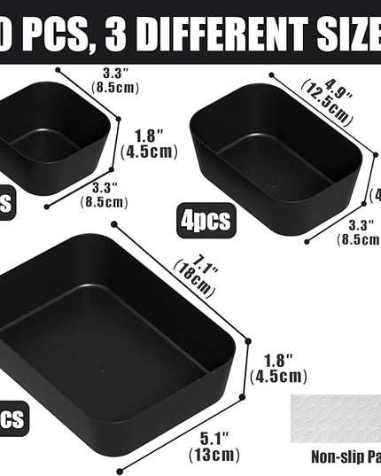 Plastic Drawer Organizers, 10 PCS Drawer Organizer Bins, Bathroom and Vanity Organizer Plastic Tray, Makeup Organizer and Storage for Makeup, Bedroom, Kitchen Gadgets Utensils and Office (Black)
