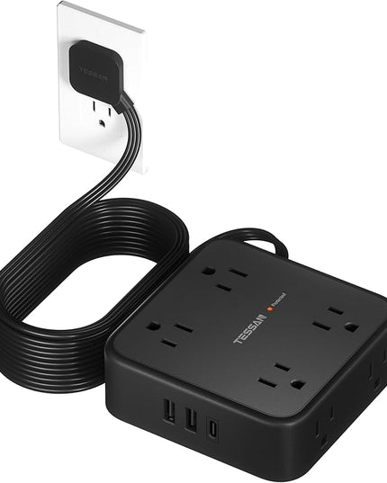 15 FT Extension Cord, TESSAN Ultra Thin Flat Plug Power Strip Surge Protector with 8 Outlets 3 USB Charger(1 USB C), 900J Surge Protection Charging Station for Home Office Dorm Room Essentials, Black