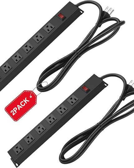 2Pack Metal Wall Mount Power Strip, Mountable Power Outlet with 6 AC Outlets, Aluminum Alloy Mount Power Socket with Switch, 6 FT SJT 3/C 14AWG Power Cord, 15A 125V 1875W (6AC)