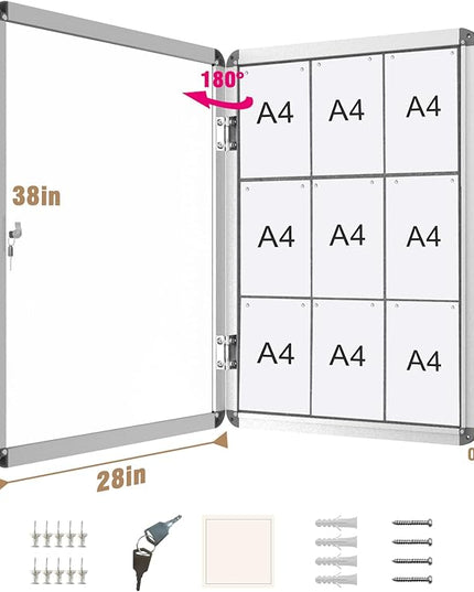 Mifuro 38"x28" Enclosed Bulletin Board, Lockable Weather-Resistant Aluminum Cork Noticeboard for School & Office, Silver Frame w/Grey Flet