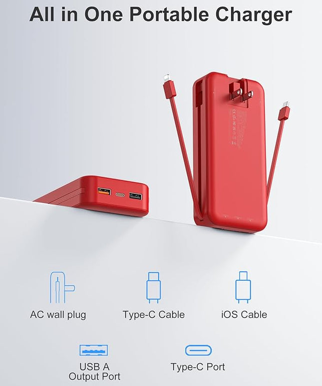20000mAh Ultra-Portable-Charger-Power-Bank PD20W with Built in Cables&AC Wall Plug,Fast Charging Cell Phone Charger Battery Pack,LED Display Travel Battery Bank for All iPhone,Samsung,Android