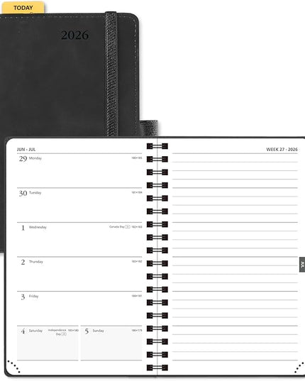 POPRUN 2026 Planner Weekly Notebook (Jan-Dec), Small Size 4''x 6.25'' - 2026 Pocket Calendar for Purse with Spiral Soft Cover, Plastic Ruler, Inner Pocket, 100 GSM - Black