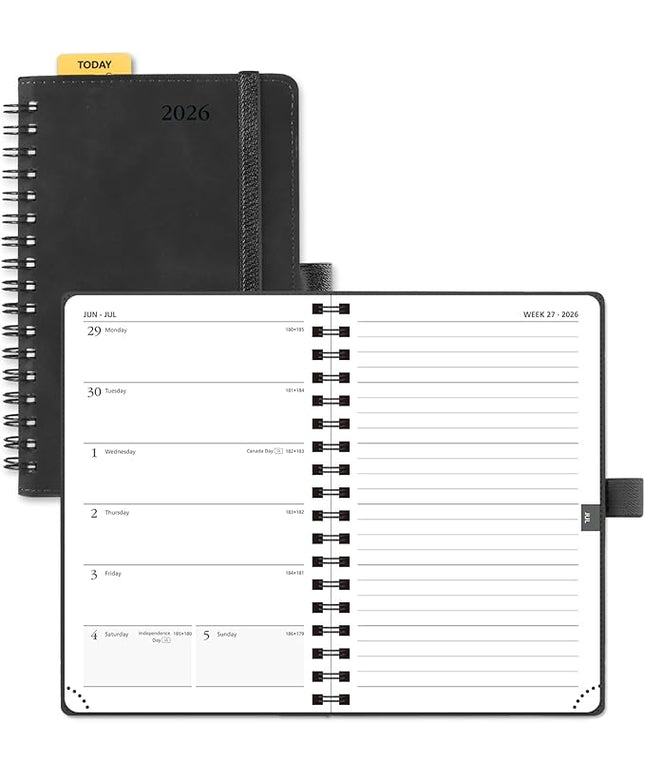 POPRUN 2026 Planner Weekly Notebook (Jan-Dec), Small Size 4''x 6.25'' - 2026 Pocket Calendar for Purse with Spiral Soft Cover, Plastic Ruler, Inner Pocket, 100 GSM - Black
