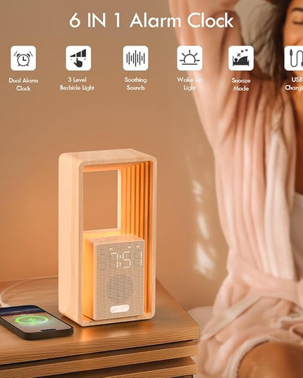 WILIT Digital Alarm Clock, Sunrise Alarm Clock with Nightlight, 9 Sleep Aid Sounds, White Noise Sounds Machine, Dimmable Display,USB Charging Port,Wood Grain Imitation,Gift for Women,Men,Travel