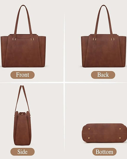 RAINSMORE Laptop Bag for Women 15.6 Inch Work Tote Bags Waterproof Computer Bags Leather Professional Laptop Purse Womens Laptop Briefcase Large Handbag for Office Teacher Travel, Retro Brown
