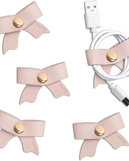 SenseAGE 5 Pack Cord Organizer, Bow Cord Keeper, Cable Organizer USB Holder, Leather Cable Management, Cable Straps, Earphone Winder, Storage Straps for Electronics, Earbuds (Dusty Rose, Small)