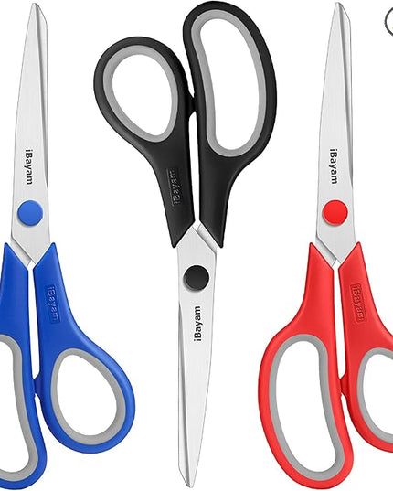 Scissors, iBayam 8" All Purpose Scissors Bulk 3-Pack, Ultra Sharp 2.5mm Thick Blade Shears Comfort-Grip for Office Desk Accessories Sewing Fabric Home Craft School Supplies, Right/Left Handed
