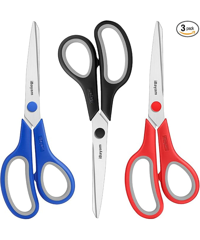 Scissors, iBayam 8" All Purpose Scissors Bulk 3-Pack, Ultra Sharp 2.5mm Thick Blade Shears Comfort-Grip for Office Desk Accessories Sewing Fabric Home Craft School Supplies, Right/Left Handed