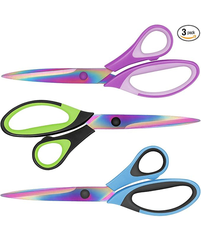 Uaugulft Sewing Scissors, Sharp Titanium Coating Blades, Soft Grip Handle, Multi-Purpose Scissors Set of 3 Suitable for Families, Office, and School Use, Blue Black, Purple Pink and Green Black
