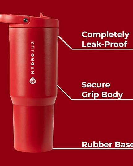 HydroJug Sport - Stainless Steel Tumbler with Straw, Vacuum Insulated, 32oz Leakproof Water Bottle, Ergonomic Design, Reusable, Dishwasher Safe, Rubber Base, Durable for Gym or Outdoors, Alumni Red