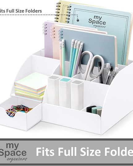 White Desktop Organizer - 9 Compartment Office Desk Accessories Organizer - Pen Holder