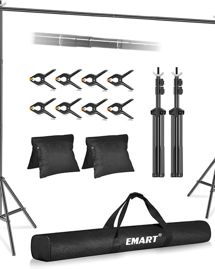EMART Backdrop Stand 10x8.5ft(WxH) Photo Studio Adjustable Background Stand Support Kit with 2 Crossbars, 8 Backdrop Clamps, 2 Sandbags and Carrying Bag for Parties Events Decoration