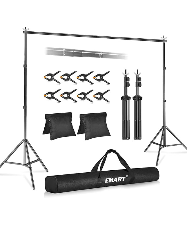 EMART Backdrop Stand 10x8.5ft(WxH) Photo Studio Adjustable Background Stand Support Kit with 2 Crossbars, 8 Backdrop Clamps, 2 Sandbags and Carrying Bag for Parties Events Decoration