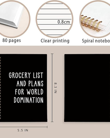 LIANGW Grocery List and Plans for World Domination Funny Notebooks Journal, Funny Gag Office Gifts for Coworkers, Office Notebooks, Funny Office Supplies, Black Hardcover Spiral Notebook 5.5x8.3 Inch