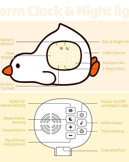 Laying Duck Alarm Clock with Night Light for Kids with Sleep Training and Sound Machine, Rechargeable Silicone Lamp OK to Wake Clock，Cute Animal Tabletop Lamp, Perfect Sleep Companion for Boys Girls
