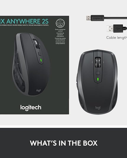 Logitech MX Anywhere 2S Bluetooth Edition Compact Wireless Mouse, No USB Receiver - Use On Any Surface, Hyper-Fast Scrolling, Rechargeable, Control Up to 3 Apple Mac and Windows Computers and Laptops