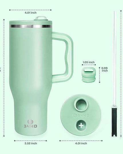 34HD 40 oz Stainless Steel Tumbler - Leakproof Insulated Water Bottle with Handle, Magnetic Lid and Flexible Straw - Iced for 48 Hours – Perfect for Men, Women, Birthday Gift, Green - Matcha Whisper