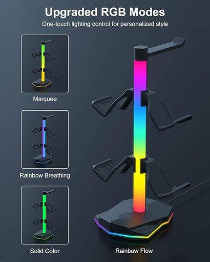 Jiawu Gaming Headphone Stand, RGB Headphone Stand with 2 USB & 1 Type C Port, Controller Holder Rack, Headset Holder Hanger, Computer Game Accessory for Desktop