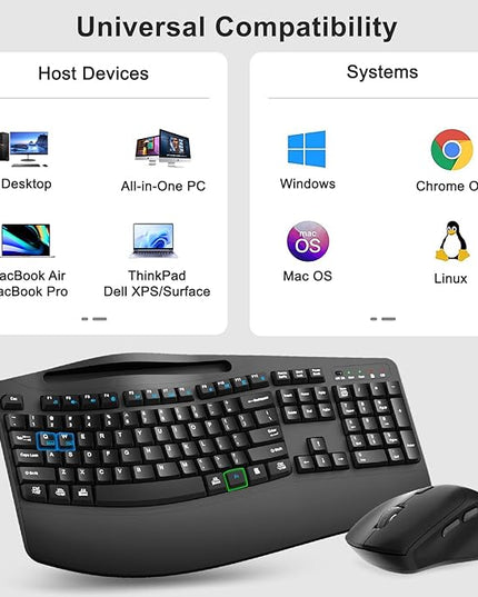 Wireless Keyboard and Mouse Combo, 2.4G Full Size Wave Keys Ergonomic Keyboard with Wrist Rest, Phone Holder, 3-Level DPI Wireless Silent Mouse with 6-Buttons, for Windows, Mac OS, Laptop, PC (Black)