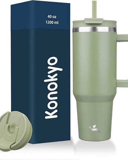 40 oz Tumbler with Handle and 2 Straws,2 in 1 Lid Insulated Water Bottle Stainless Steel Travel Coffee Mug,Army Green