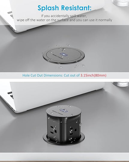 Jgstkcity Pop Up Outlet with 15W Wireless Charger,4 Outlets 15A, Splash Resistant,3 inch Desk Hole Power Grommet,Space Saver Outlet for Kitchen Countertop,Office Conference Table,ETL Listed (Black)