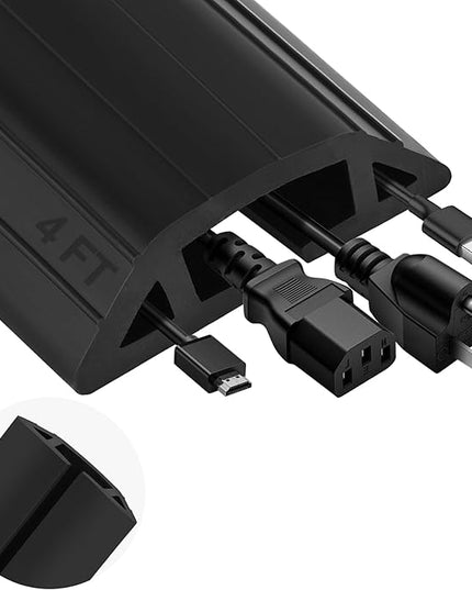 MYFAMIREA 4FT Floor Cord Cover Heavy Duty Cable Cover Protector with 3 Channels Extension PVC Floor Wire Cover Outdoor Cord Hider Management Cord Cover for Wire on Floor for Home Office Outdoor, Black