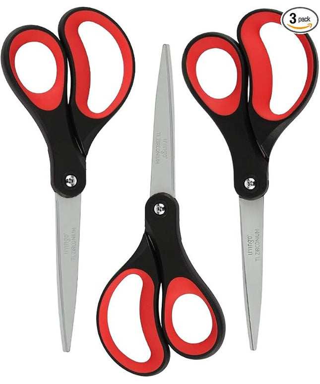 LIVINGO 8“ Scissors All Purpose 3-Pack, Titanium Ultra Sharp for Office Home School Sewing Fabric Craft Supplies, Premium Stainless Steel, Comfort Grip（Red/Black）
