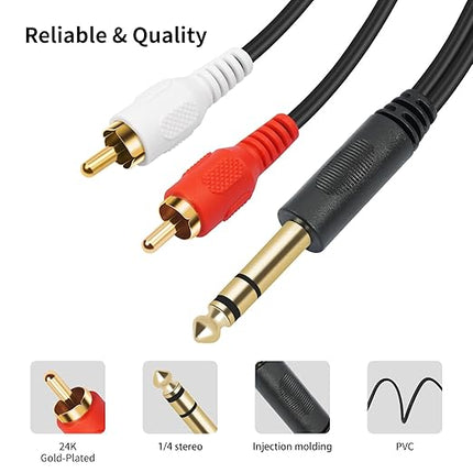 SiYear Gold-Plated 6.35mm 1/4 inch Male TRS Stereo Plug to 2 RCA Phono Male Audio Y Splitter Cable,Connector Wire Cord Plug (1.5M)