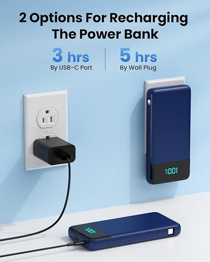 Portable Charger for iPhone with Built in Cables and Wall Plug,Upgraded 13800mAh Fast Charging USB C Power Bank,4 Outputs Travel Essential Battery Pack Compatible with iPhone 17/16/15/14,Samsung-Blue
