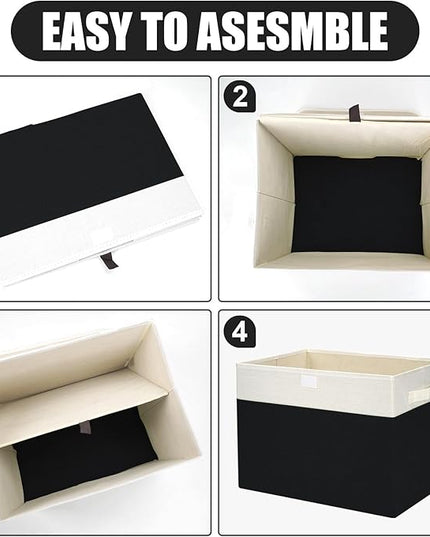 Large 17" 42 Quarts Collapsible Stackable Storage Bins with Lids [3-Pack] Foldable Fabric Linen Storage Boxes Cube, Closet Organizer Baskets with Label for Home (16.7 x 12 x 12", Black & White)