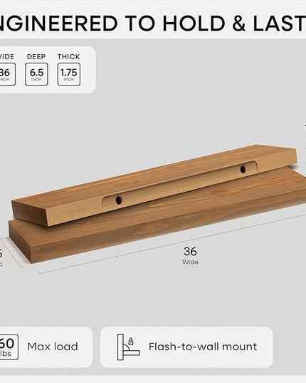 Homeforia 36 inch Golden Oak Floating Shelf, High End Solid Real Wood 36inch Small Floating Shelves for Wall Mounted, Oak Wooden 36in Floating Shelves, Heavy Duty Bracket, 36 X 6.5 X 1.75 in, Set of 2