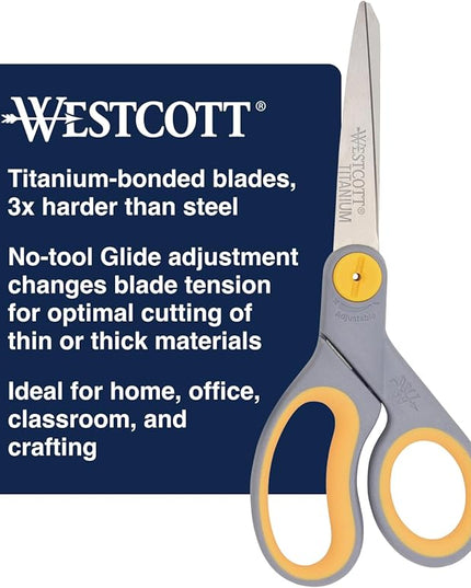 Westcott 8-Inch Titanium-Bonded Scissors with Adjustable Glide Feature for Office and Home - Gray/Yellow