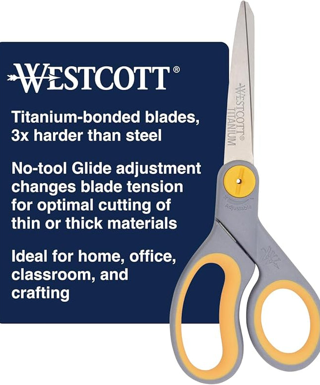 Westcott 8-Inch Titanium-Bonded Scissors with Adjustable Glide Feature for Office and Home - Gray/Yellow