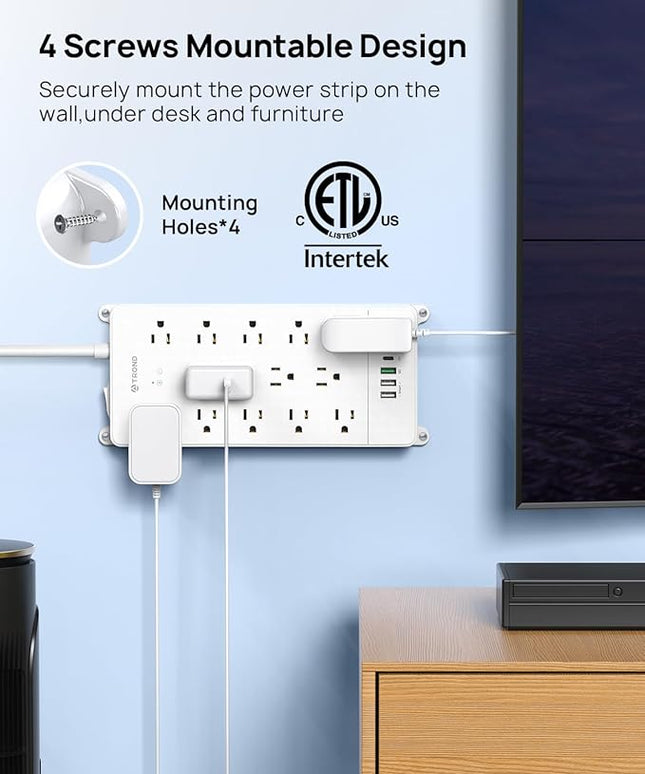 TROND Surge Protector Power Strip 15 ft, Flat Plug Extension Cord, 13 Wide Spaced Outlets, 4000 Joules, 32W Quick Charge 3.0 & USB C, Wall Mount, Under Desk, Heavy Duty, Mountable, ETL Listed, White